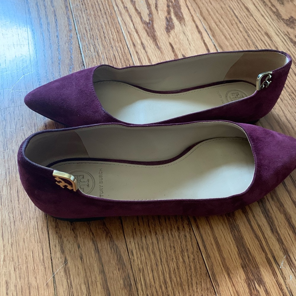 Tory Burch burgundy suede flats with gold detail